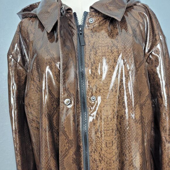 Nikki Jones Rain Jacket Size Large Brown Snakeskin Print Raincoat Shiny Hooded - Picture 12 of 16